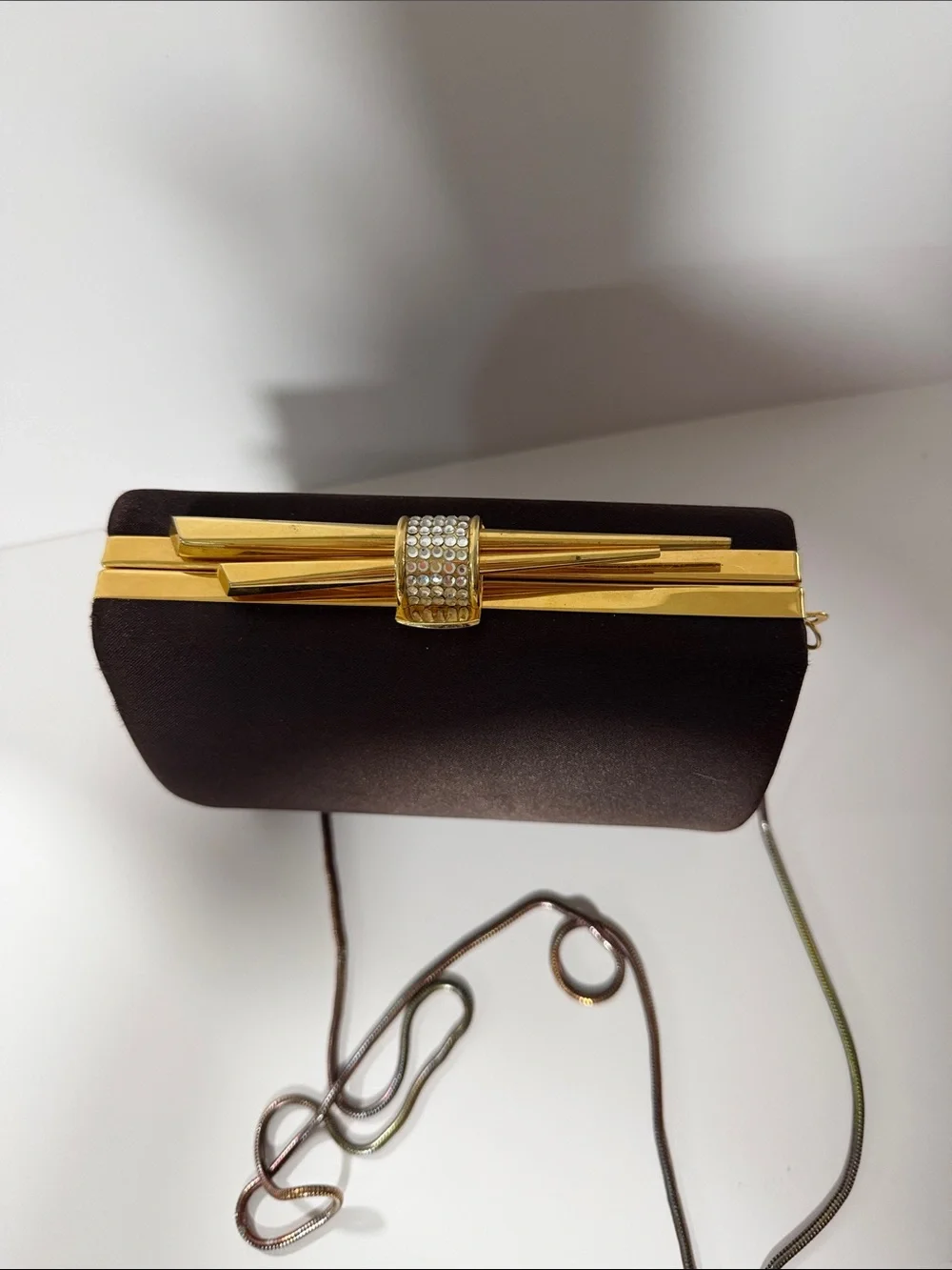 Vintage Stratton Satin Evening Clutch in Dark Brown with Gold Accent
